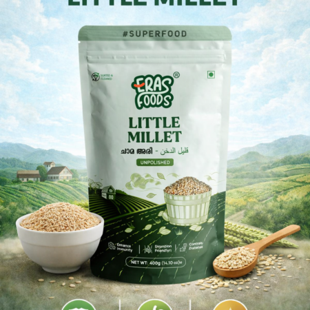 Buy Eras Foods Little Millet — a nutritious, gluten-free whole grain rich in fiber and low glycemic index. Ideal for diabetes management, weight loss, and healthy daily meals.