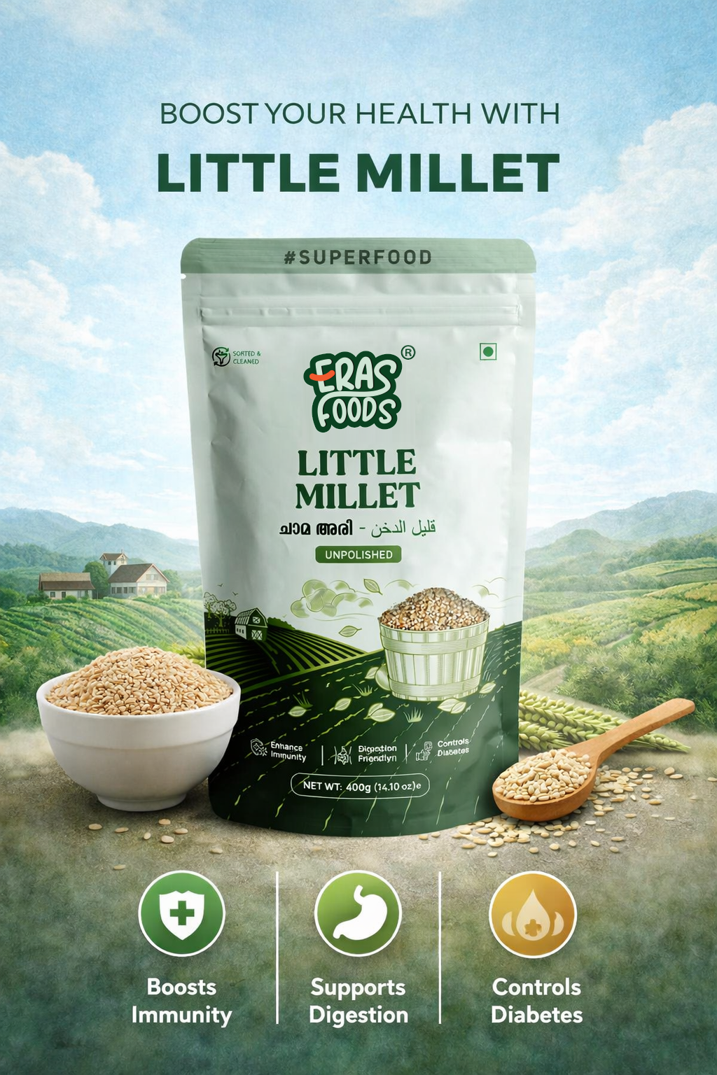 Millet - Little Millet Eras Foods Buy Eras Foods Little Millet — a nutritious, gluten-free whole grain rich in fiber and low glycemic index. Ideal for diabetes management, weight loss, and healthy daily meals.