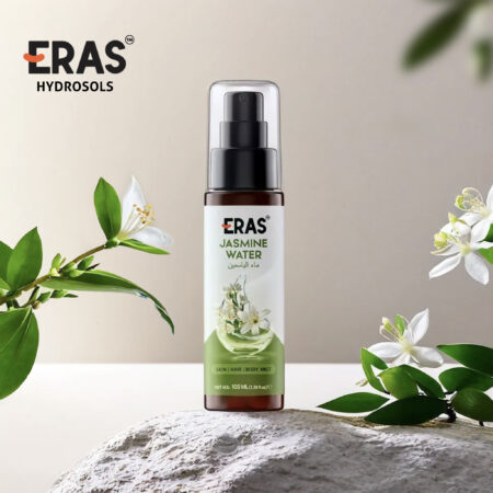 Eras Jasmine Hydrosol, distilled from jasmine flowers, is prized in perfumery for its delicate floral fragrance. Popular in skincare and beauty, it cleanses, soothes, and hydrates skin, while its anti-inflammatory benefits enrich hair care products