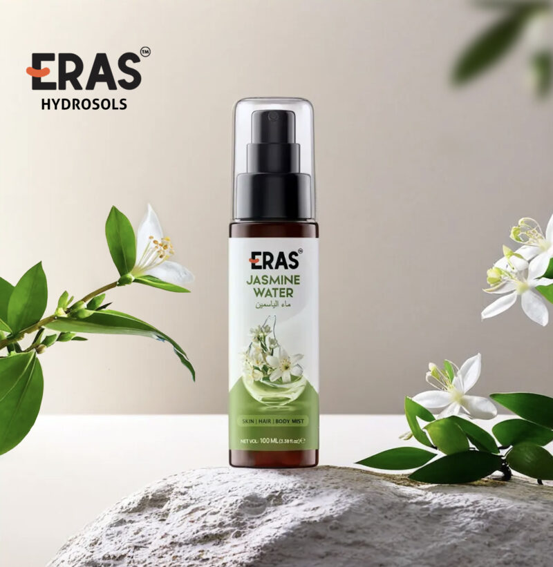 Eras Jasmine Hydrosol, distilled from jasmine flowers, is prized in perfumery for its delicate floral fragrance. Popular in skincare and beauty, it cleanses, soothes, and hydrates skin, while its anti-inflammatory benefits enrich hair care products